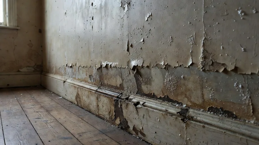 An interior wall in a flood-affected Ipswich house with staining and salt in the plaster well above floor level.