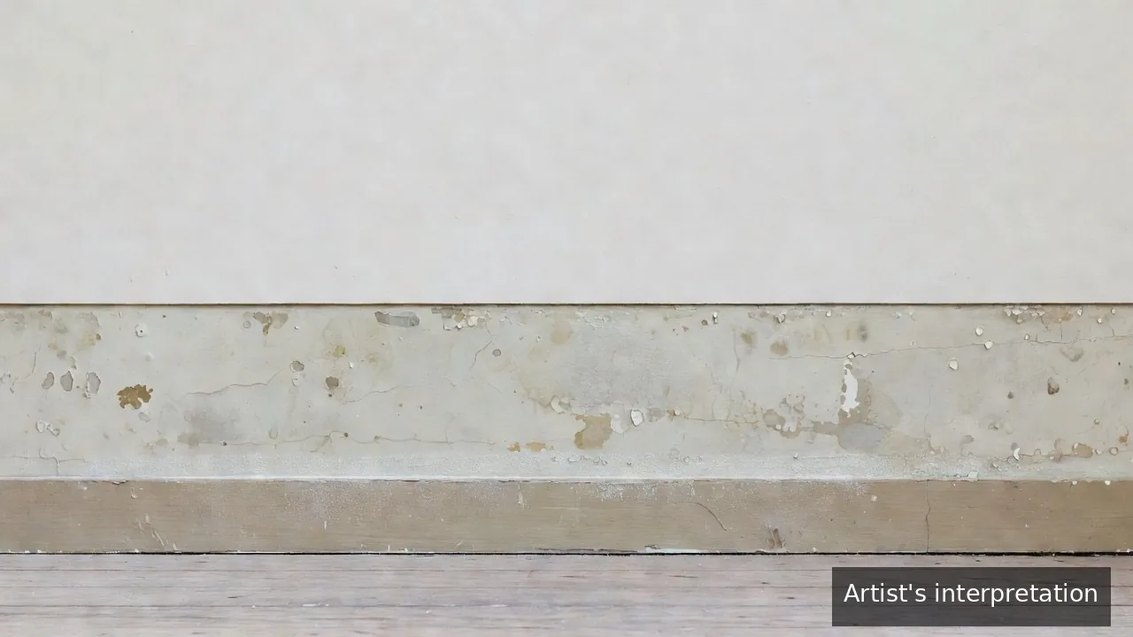 The external base of a painted brick wall with a dark damp band about a metre high, white salt staining and flaking paint.